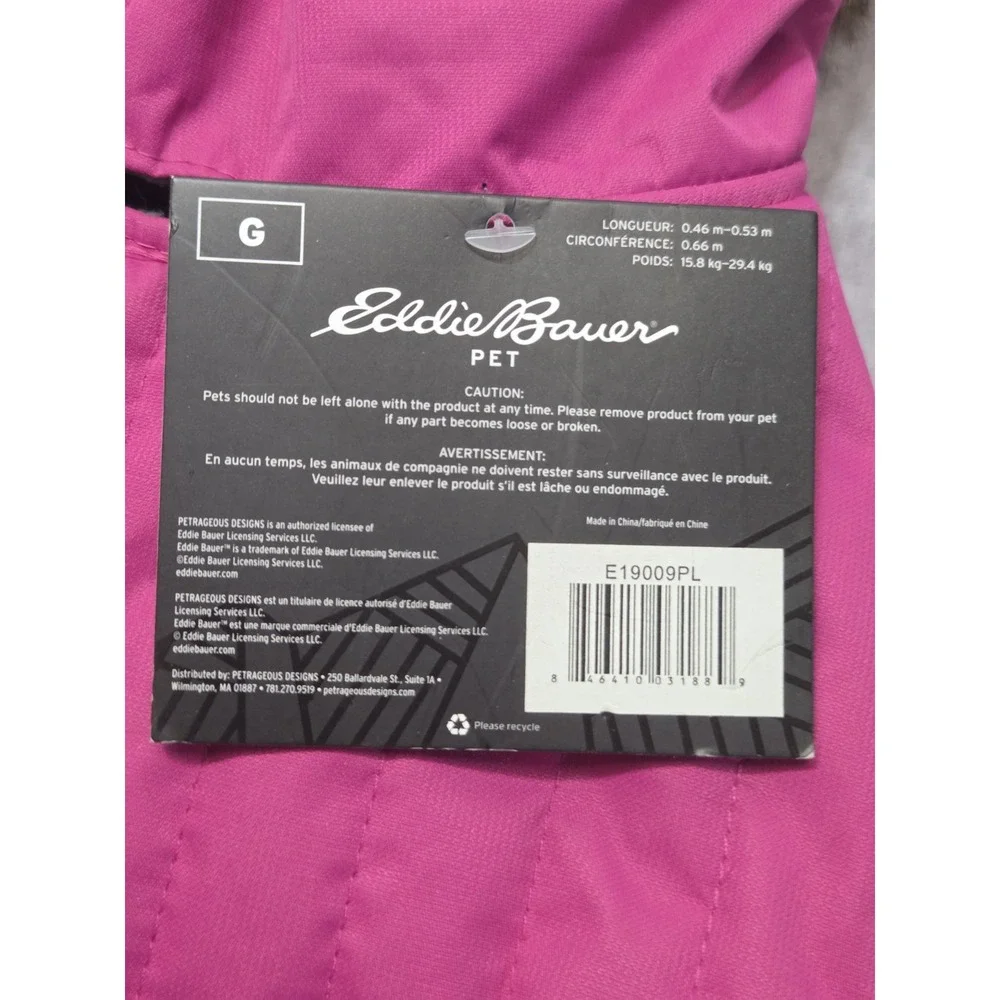NEW Eddie Bauer Hooded Dog Pet Lined Parka Jacket Coat Hood Pink Large 18-21
